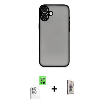 MARSİLYAN™- iPhone 16 Plus Kılıf Ahenk Çizgi Serisi - Siyah Bilvis 3D Cam Ekran Koruyucu + Raze Metal Kamera Lens - BZ