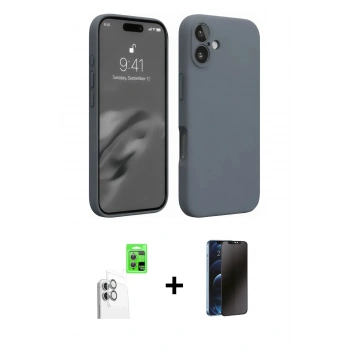 MARSİLYAN™- iPhone 16 Plus Kılıf Ahenk Serisi - Siyah 3D Antistatik Hayalet Cam Ekran Koruyucu + Raze Metal Kamera Lens - BZ