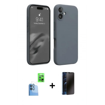 MARSİLYAN™- iPhone 16 Plus Kılıf Ahenk Serisi - Siyah 3D Antistatik Hayalet Cam Ekran Koruyucu + Raze Metal Kamera Lens - LT