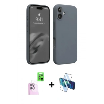 MARSİLYAN™- iPhone 16 Plus Kılıf Ahenk Serisi - Siyah 3D Antistatik Seramik Nano Ekran Koruyucu + Raze Metal Kamera Lens - PE