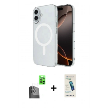 MARSİLYAN™- iPhone 16 Plus Kılıf Ahenk Yansıma Prime - Şeffaf Pasifik Cam Ekran Koruyucu + Raze Metal Kamera Lens - SH