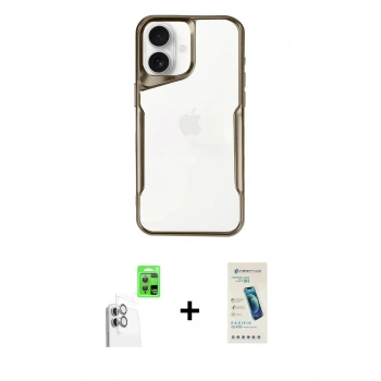 MARSİLYAN™- iPhone 16 Plus Kılıf Akış Çizgi Koleksiyonu - Şeffaf Pasifik Cam Ekran Koruyucu + Raze Metal Kamera Lens - BZ