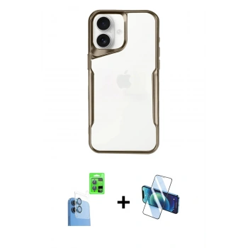 MARSİLYAN™- iPhone 16 Plus Kılıf Akış Çizgi Koleksiyonu - Siyah 3D Antistatik Cam Ekran Koruyucu + Raze Metal Kamera Lens - LT
