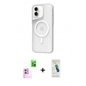 MARSİLYAN™- iPhone 16 Plus Kılıf Atlas Serisi - Şeffaf Pasifik Cam Ekran Koruyucu + Raze Metal Kamera Lens - PE