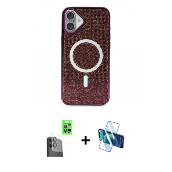 MARSİLYAN™- iPhone 16 Plus Kılıf Eksen Çizgi - Siyah 3D Antistatik Cam Ekran Koruyucu + Raze Metal Kamera Lens - SH