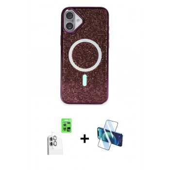 MARSİLYAN™- iPhone 16 Plus Kılıf Eksen Çizgi - Siyah 3D Antistatik Cam Ekran Koruyucu + Raze Metal Kamera Lens - BZ