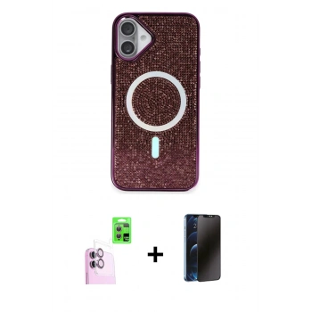 MARSİLYAN™- iPhone 16 Plus Kılıf Eksen Çizgi - Siyah 3D Antistatik Hayalet Cam Ekran Koruyucu + Raze Metal Kamera Lens - PE