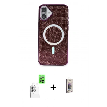 MARSİLYAN™- iPhone 16 Plus Kılıf Eksen Çizgi - Siyah Bilvis 3D Cam Ekran Koruyucu + Raze Metal Kamera Lens - BZ