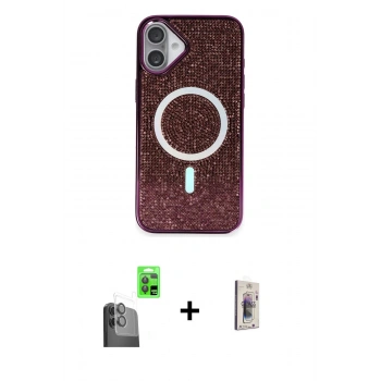 MARSİLYAN™- iPhone 16 Plus Kılıf Eksen Çizgi - Siyah Bilvis 3D Cam Ekran Koruyucu + Raze Metal Kamera Lens - SH