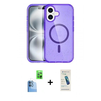MARSİLYAN™- iPhone 16 Plus Kılıf Eksen Doku Koleksiyonu - Şeffaf Pasifik Cam Ekran Koruyucu + Raze Metal Kamera Lens - LT