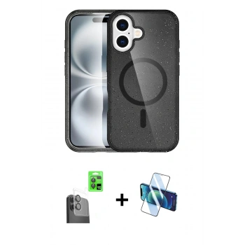 MARSİLYAN™- iPhone 16 Plus Kılıf Eksen Doku Koleksiyonu - Siyah 3D Antistatik Cam Ekran Koruyucu + Raze Metal Kamera Lens - SH