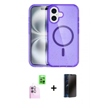 MARSİLYAN™- iPhone 16 Plus Kılıf Eksen Doku Koleksiyonu - Siyah 3D Antistatik Hayalet Cam Ekran Koruyucu + Raze Metal Kamera Lens - PE