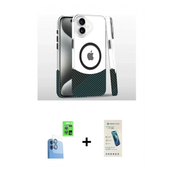 MARSİLYAN™- iPhone 16 Plus Kılıf İz Asil Prime - Şeffaf Pasifik Cam Ekran Koruyucu + Raze Metal Kamera Lens - LT
