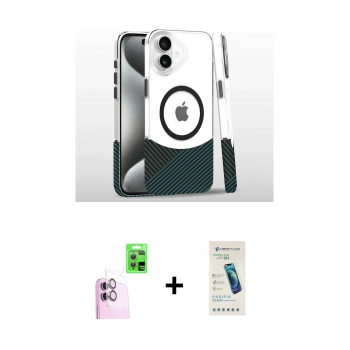 MARSİLYAN™- iPhone 16 Plus Kılıf İz Asil Prime - Şeffaf Pasifik Cam Ekran Koruyucu + Raze Metal Kamera Lens - PE