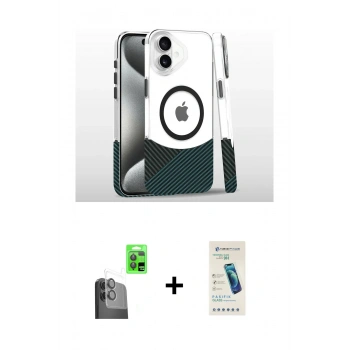 MARSİLYAN™- iPhone 16 Plus Kılıf İz Asil Prime - Şeffaf Pasifik Cam Ekran Koruyucu + Raze Metal Kamera Lens - SH