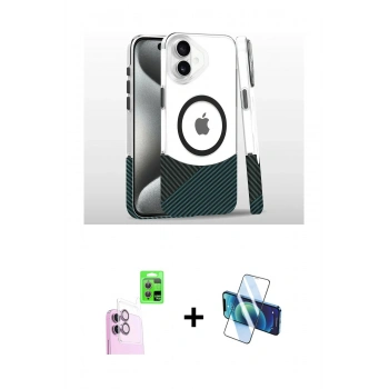 MARSİLYAN™- iPhone 16 Plus Kılıf İz Asil Prime - Siyah 3D Antistatik Cam Ekran Koruyucu + Raze Metal Kamera Lens - PE
