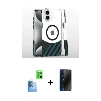 MARSİLYAN™- iPhone 16 Plus Kılıf İz Asil Prime - Siyah 3D Antistatik Hayalet Cam Ekran Koruyucu + Raze Metal Kamera Lens - LT