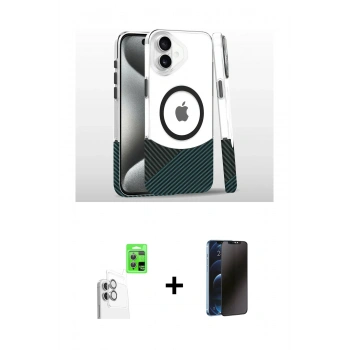 MARSİLYAN™- iPhone 16 Plus Kılıf İz Asil Prime - Siyah 3D Antistatik Hayalet Cam Ekran Koruyucu + Raze Metal Kamera Lens - BZ