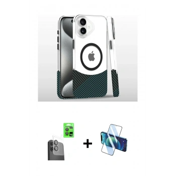 MARSİLYAN™- iPhone 16 Plus Kılıf İz Asil Prime - Siyah 3D Antistatik Seramik Nano Ekran Koruyucu + Raze Metal Kamera Lens - SH