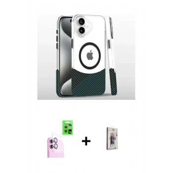MARSİLYAN™- iPhone 16 Plus Kılıf İz Asil Prime - Siyah Bilvis 3D Cam Ekran Koruyucu + Raze Metal Kamera Lens - PE