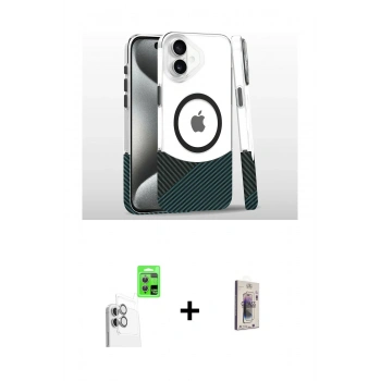 MARSİLYAN™- iPhone 16 Plus Kılıf İz Asil Prime - Siyah Bilvis 3D Cam Ekran Koruyucu + Raze Metal Kamera Lens - BZ