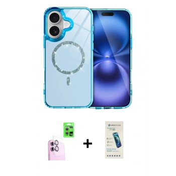 MARSİLYAN™- iPhone 16 Plus Kılıf Kıvılcım Form Prime - Şeffaf Pasifik Cam Ekran Koruyucu + Raze Metal Kamera Lens - PE
