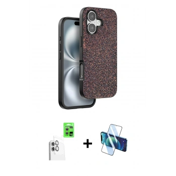 MARSİLYAN™- iPhone 16 Plus Kılıf Vadi Klasik Serisi - Siyah 3D Antistatik Cam Ekran Koruyucu + Raze Metal Kamera Lens - BZ
