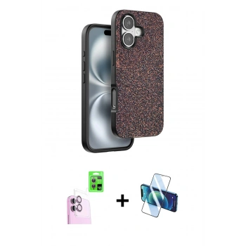 MARSİLYAN™- iPhone 16 Plus Kılıf Vadi Klasik Serisi - Siyah 3D Antistatik Cam Ekran Koruyucu + Raze Metal Kamera Lens - PE