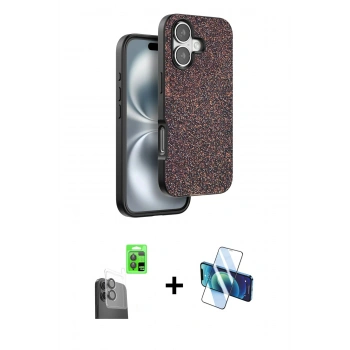 MARSİLYAN™- iPhone 16 Plus Kılıf Vadi Klasik Serisi - Siyah 3D Antistatik Cam Ekran Koruyucu + Raze Metal Kamera Lens - SH