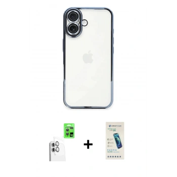 MARSİLYAN™- iPhone 16 Plus Kılıf Vadi Minimal - Şeffaf Pasifik Cam Ekran Koruyucu + Raze Metal Kamera Lens - BZ