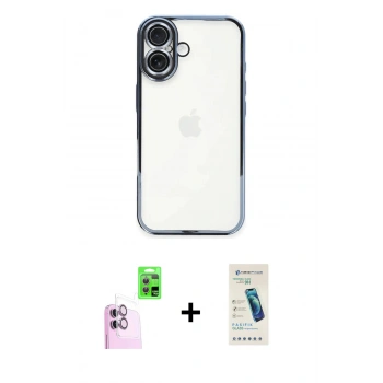 MARSİLYAN™- iPhone 16 Plus Kılıf Vadi Minimal - Şeffaf Pasifik Cam Ekran Koruyucu + Raze Metal Kamera Lens - PE