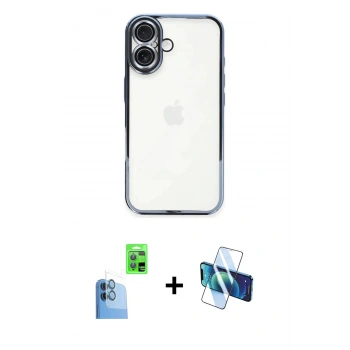 MARSİLYAN™- iPhone 16 Plus Kılıf Vadi Minimal - Siyah 3D Antistatik Cam Ekran Koruyucu + Raze Metal Kamera Lens - LT