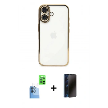 MARSİLYAN™- iPhone 16 Plus Kılıf Vadi Minimal - Siyah 3D Antistatik Hayalet Cam Ekran Koruyucu + Raze Metal Kamera Lens - LT