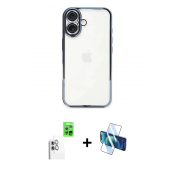 MARSİLYAN™- iPhone 16 Plus Kılıf Vadi Minimal - Siyah 3D Antistatik Seramik Nano Ekran Koruyucu + Raze Metal Kamera Lens - BZ