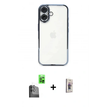 MARSİLYAN™- iPhone 16 Plus Kılıf Vadi Minimal - Siyah Bilvis 3D Cam Ekran Koruyucu + Raze Metal Kamera Lens - SH
