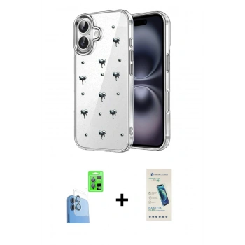 MARSİLYAN™- iPhone 16 Plus Kılıf Yörünge Form - Şeffaf Pasifik Cam Ekran Koruyucu + Raze Metal Kamera Lens - LT