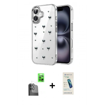 MARSİLYAN™- iPhone 16 Plus Kılıf Yörünge Form - Şeffaf Pasifik Cam Ekran Koruyucu + Raze Metal Kamera Lens - SH
