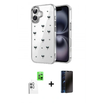 MARSİLYAN™- iPhone 16 Plus Kılıf Yörünge Form - Siyah 3D Antistatik Hayalet Cam Ekran Koruyucu + Raze Metal Kamera Lens - BZ