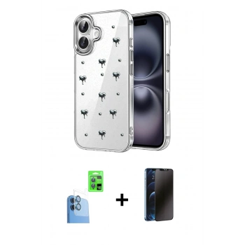 MARSİLYAN™- iPhone 16 Plus Kılıf Yörünge Form - Siyah 3D Antistatik Hayalet Cam Ekran Koruyucu + Raze Metal Kamera Lens - LT