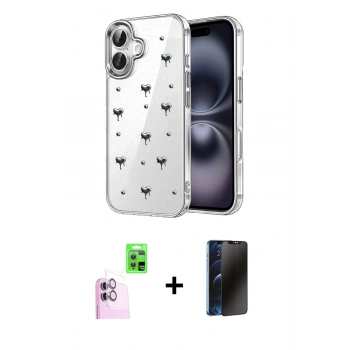 MARSİLYAN™- iPhone 16 Plus Kılıf Yörünge Form - Siyah 3D Antistatik Hayalet Cam Ekran Koruyucu + Raze Metal Kamera Lens - PE