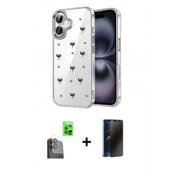 MARSİLYAN™- iPhone 16 Plus Kılıf Yörünge Form - Siyah 3D Antistatik Hayalet Cam Ekran Koruyucu + Raze Metal Kamera Lens - SH