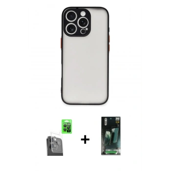 MARSİLYAN™- iPhone 16 Pro Kılıf Ahenk Çizgi Serisi - Siyah 360 Mat Full Body Arka Koruyucu + Raze Metal Kamera Lens - SH