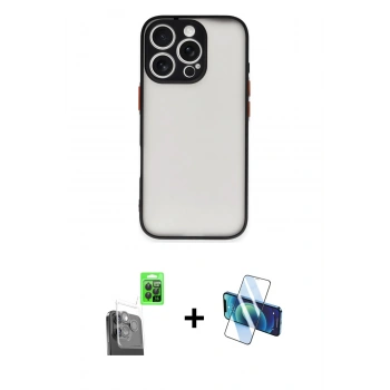 MARSİLYAN™- iPhone 16 Pro Kılıf Ahenk Çizgi Serisi - Siyah 3D Antistatik Cam Ekran Koruyucu + Raze Metal Kamera Lens - SH