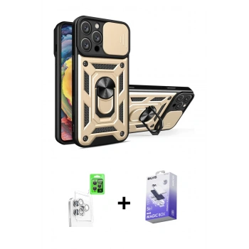 MARSİLYAN™- iPhone 16 Pro Kılıf Ahenk Klasik - Siyah Bilvis 5in1 5D Magic Hayalet Cam Ekran Koruyucu + Raze Metal Kamera Lens - BZ