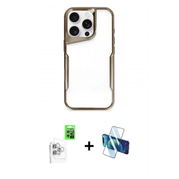 MARSİLYAN™- iPhone 16 Pro Kılıf Akış Çizgi Koleksiyonu - Siyah 3D Antistatik Cam Ekran Koruyucu + Raze Metal Kamera Lens - BZ