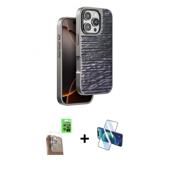 MARSİLYAN™- iPhone 16 Pro Kılıf Atlas Minimal Özel Seri - Siyah 3D Antistatik Cam Ekran Koruyucu + Raze Metal Kamera Lens - CLTM