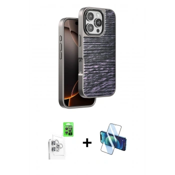 MARSİLYAN™- iPhone 16 Pro Kılıf Atlas Minimal Özel Seri - Siyah 3D Antistatik Cam Ekran Koruyucu + Raze Metal Kamera Lens - BZ