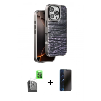 MARSİLYAN™- iPhone 16 Pro Kılıf Atlas Minimal Özel Seri - Siyah 3D Antistatik Hayalet Cam Ekran Koruyucu + Raze Metal Kamera Lens - SH