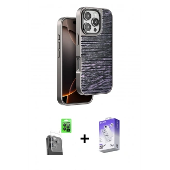 MARSİLYAN™- iPhone 16 Pro Kılıf Atlas Minimal Özel Seri - Siyah Bilvis 5in1 3D Magic Cam Ekran Koruyucu + Raze Metal Kamera Lens - SH