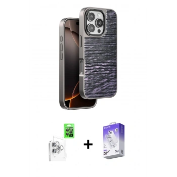 MARSİLYAN™- iPhone 16 Pro Kılıf Atlas Minimal Özel Seri - Siyah Bilvis 5in1 3D Magic Cam Ekran Koruyucu + Raze Metal Kamera Lens - BZ